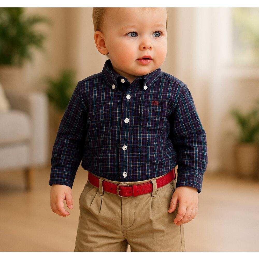 Chaps Boys Outfit‎ Size 3 Months Plaid Shirt Khaki Pants Belt NEW